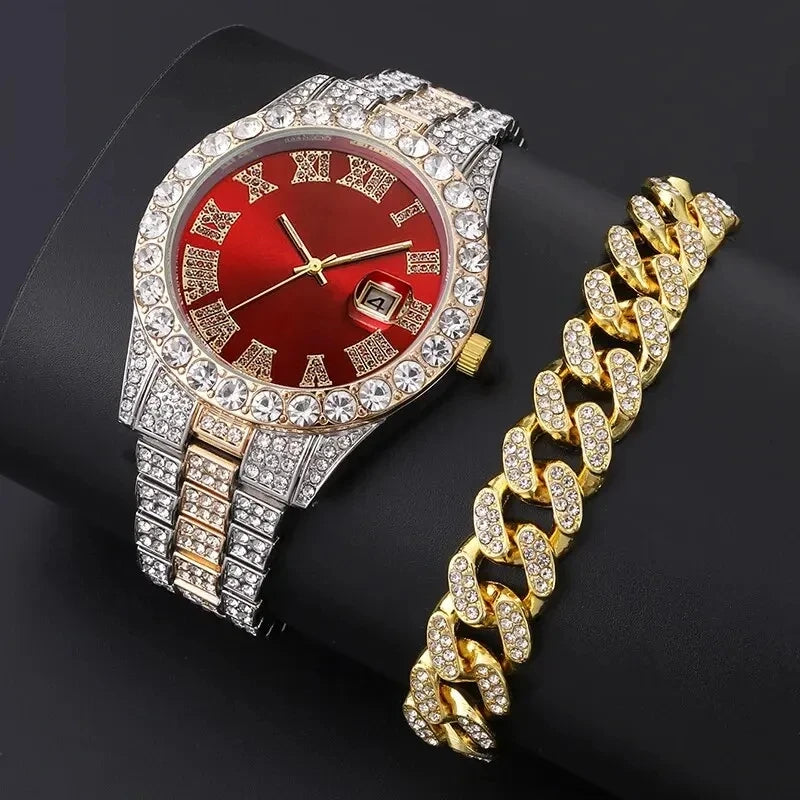 Reloj Unisex de Lujo con Diamantes + Pulsera Dorada Alta Calidad