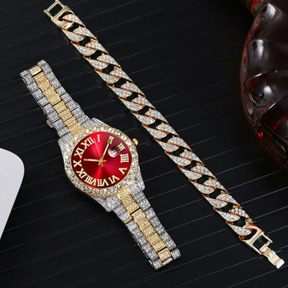 Reloj Unisex de Lujo con Diamantes + Pulsera Dorada Alta Calidad