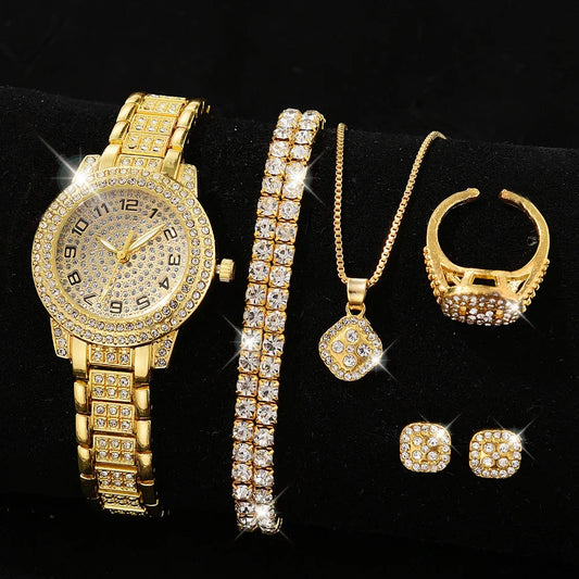Reloj de Lujo Dorado estilo Oro + Collar + Anillo + Aros 50% Descuento